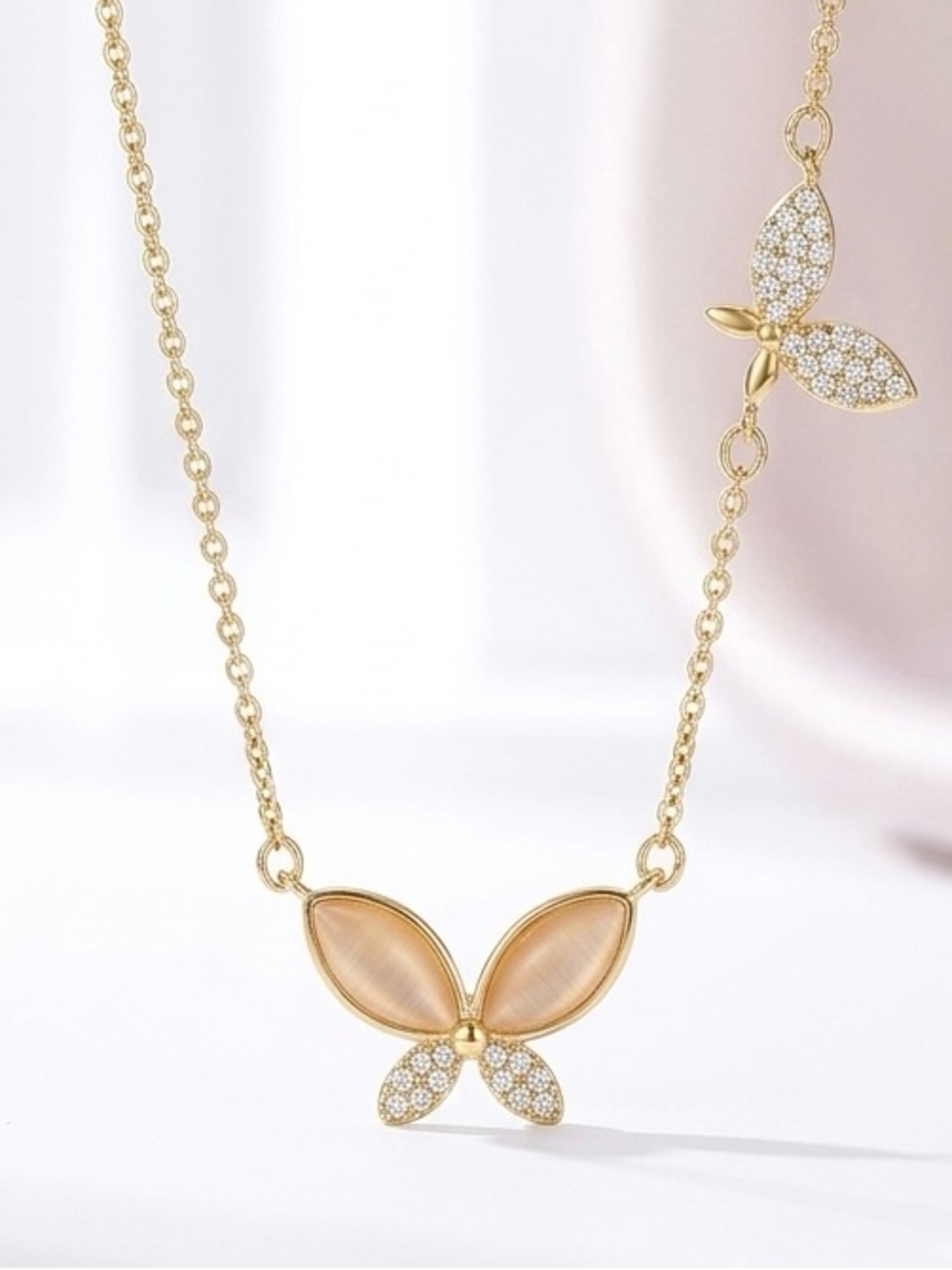 Mother of Pearl Butterfly Necklace 14k Gold Plated with Cubic Zirconia